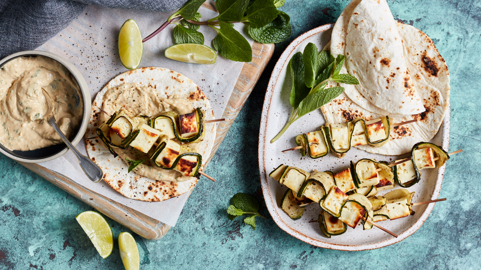 Herbed Halloumi & Zucchini Skewers with Sumac Lemon Drizzle