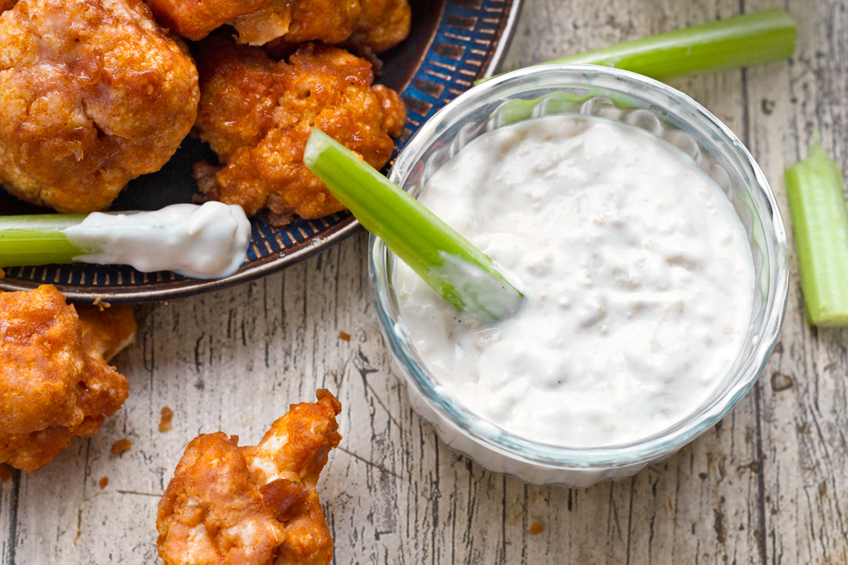 Crispy Baked Buffalo Cauliflower Bites with Blue Cheese Dip