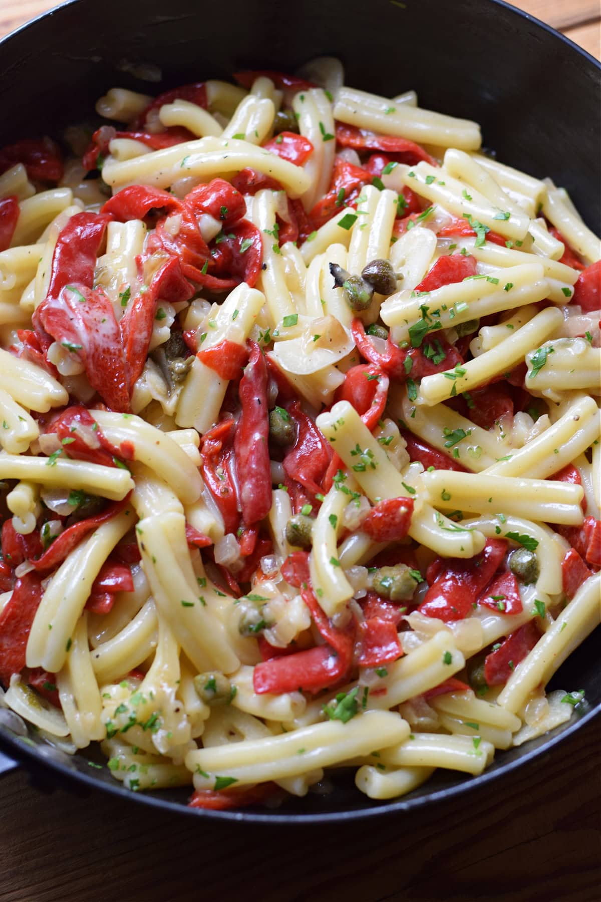 Aperol-Orange Pasta with Roasted Bell Peppers and Olives