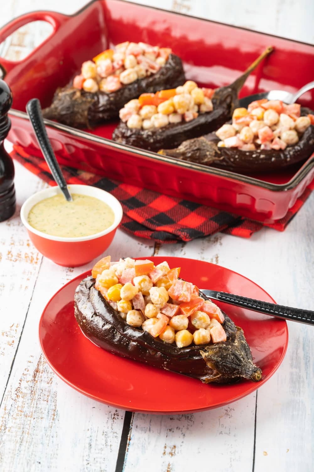 Mediterranean Roasted Eggplant & Chickpea Stuffed Peppers