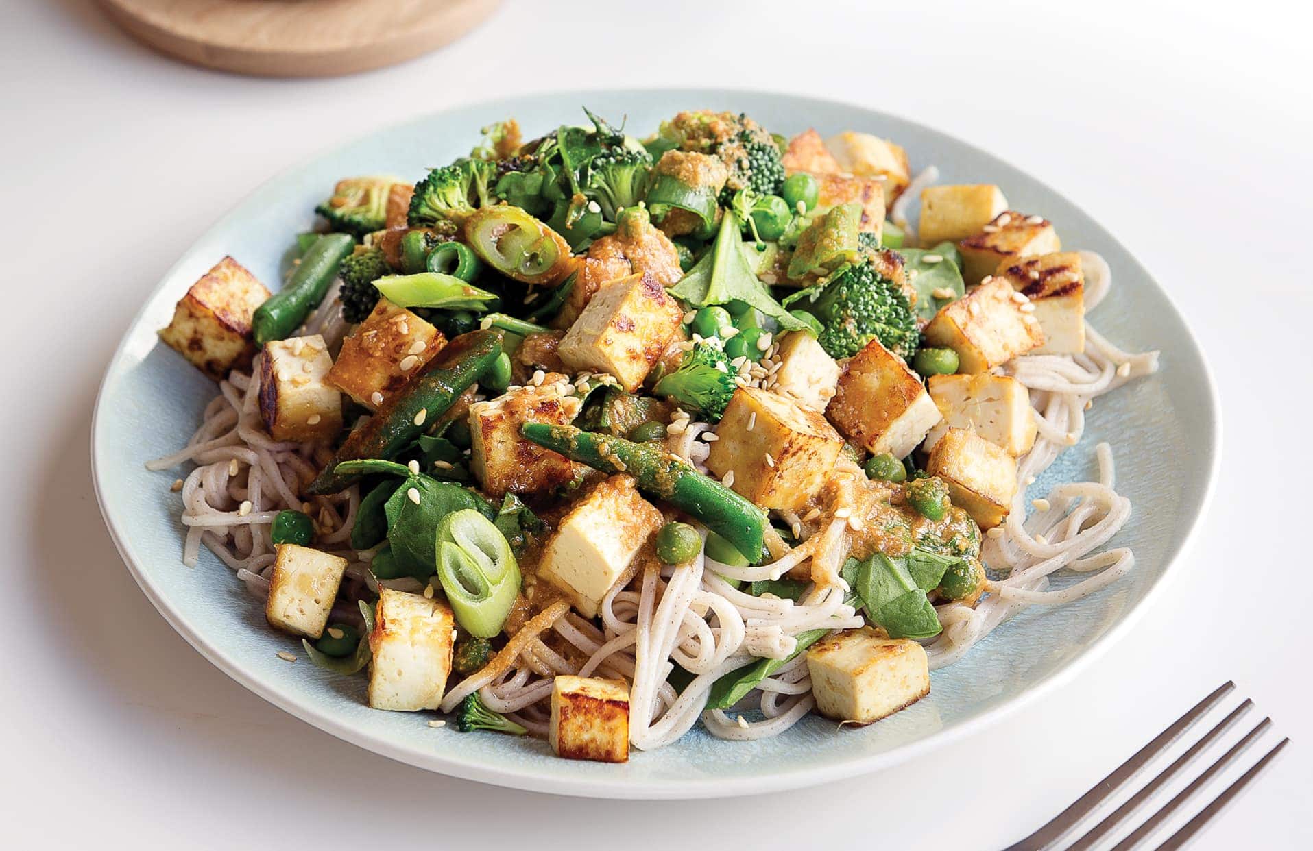Sesame-Ginger Tofu Noodle Bowl with Crispy Veggies