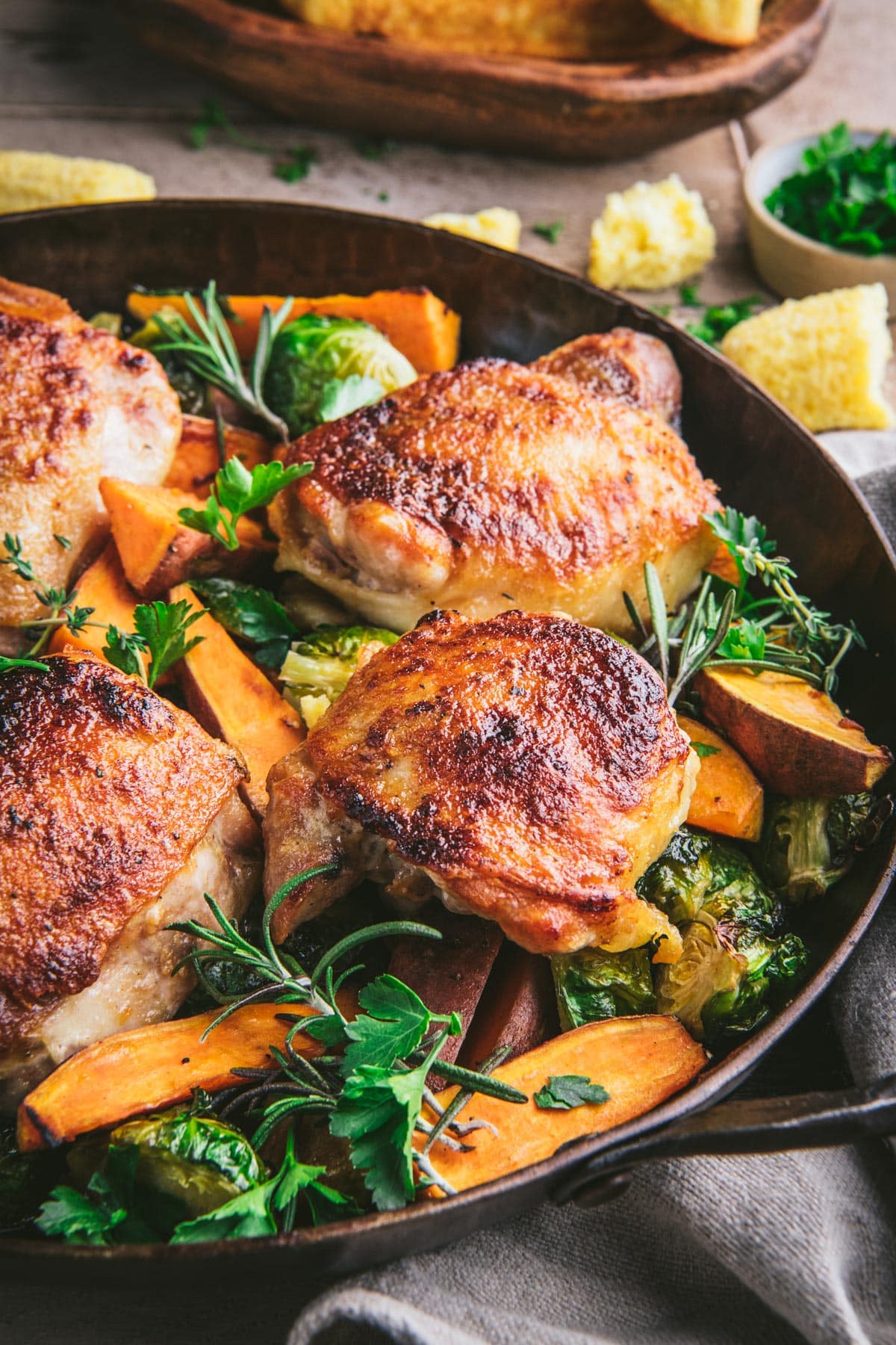 Crispy Honey-Sriracha Glazed Chicken Thighs with Maple Roasted Vegetables
