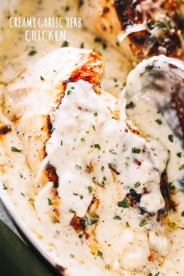 Crispy Garlic-Herb Chicken Thighs with Creamy Herb Sauce
