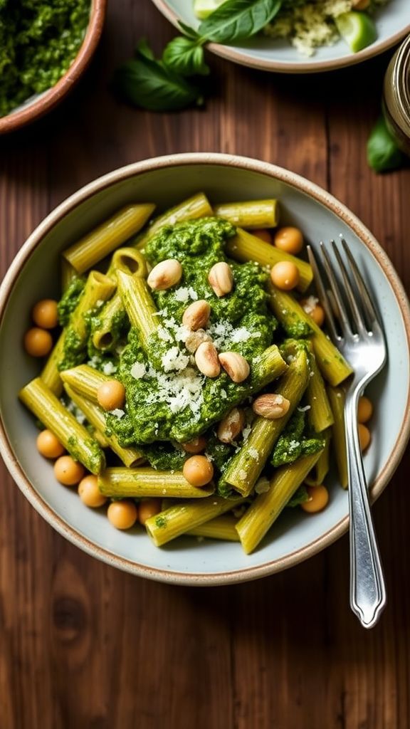 Mediterranean Chickpea and Spinach Pasta with Pesto