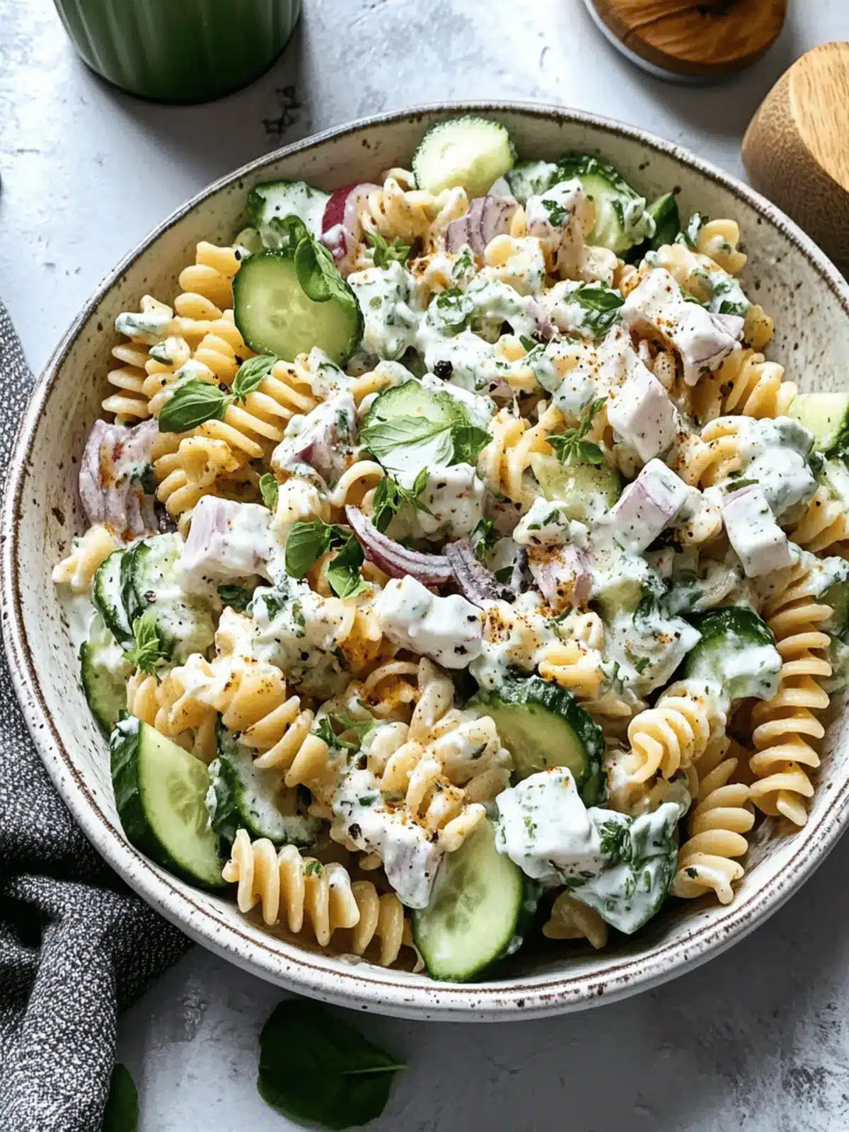 Mediterranean Tzatziki Pasta Salad with Cucumber & Olives