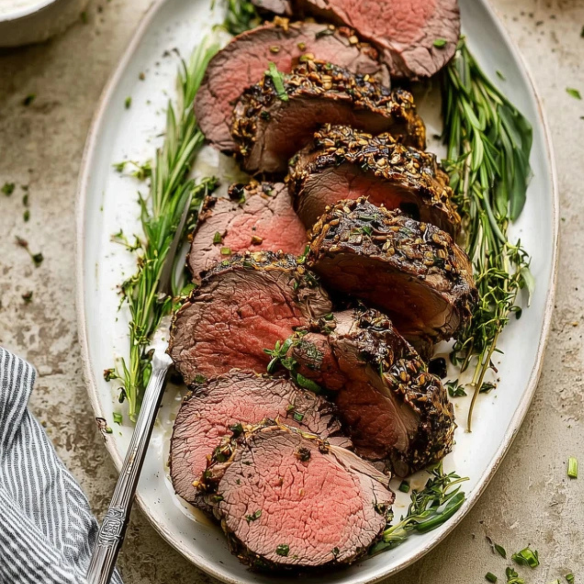 Herb-Crusted Beef Tenderloin with Roasted Asparagus and Garlic Butter