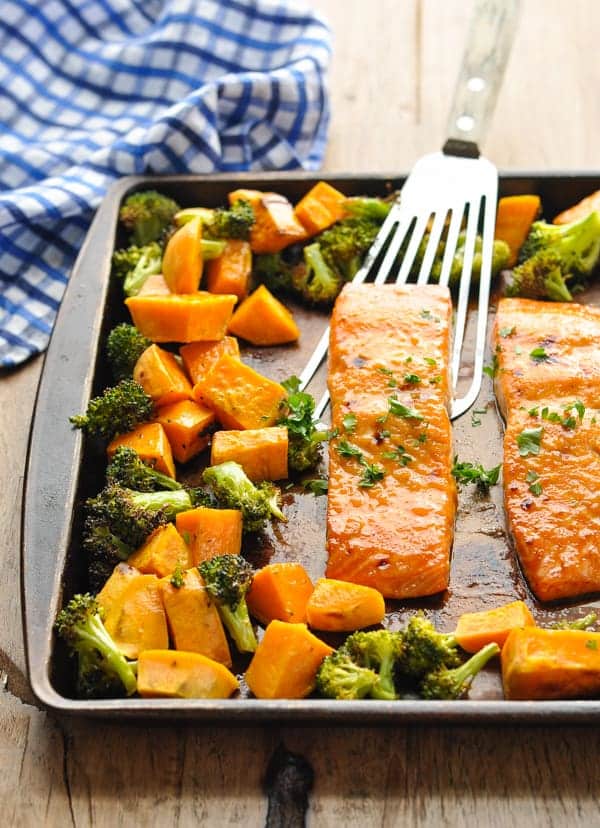 Sheet Pan Maple-Glazed Salmon with Sweet Potatoes
