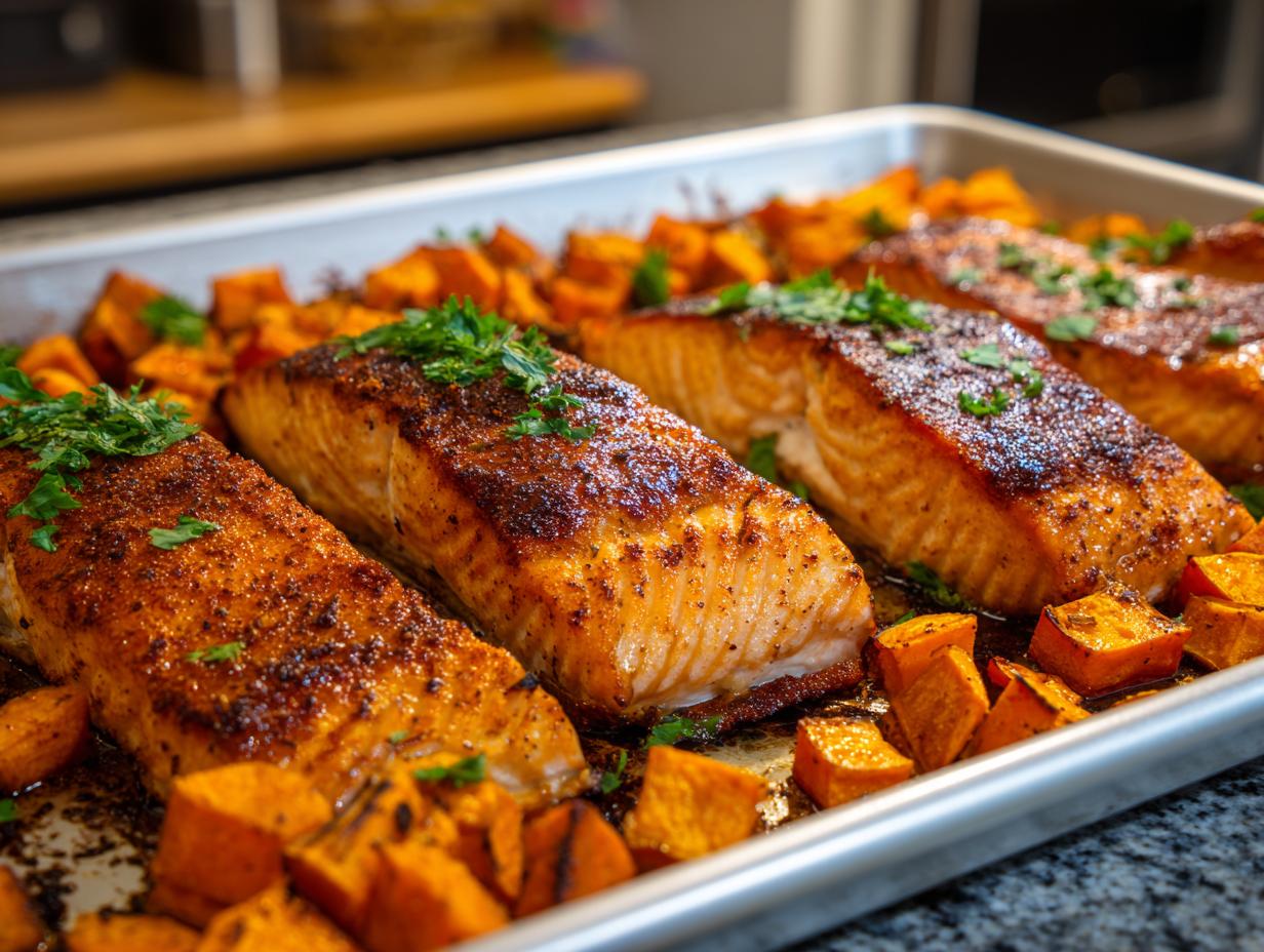 Garlic-Herb Sheet Pan Salmon with Sweet Potatoes