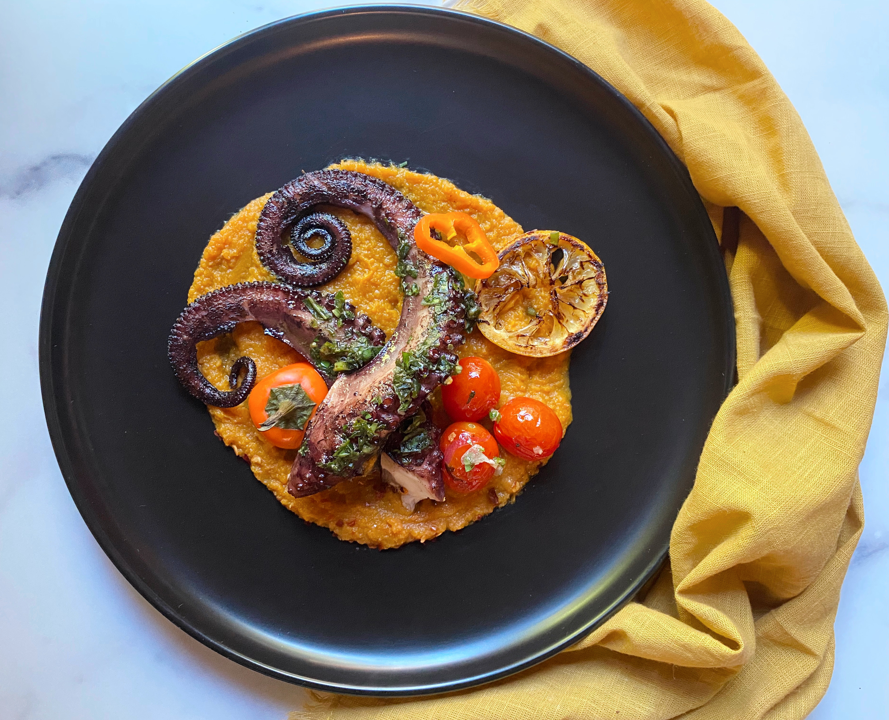 Garlic-Parsley Grilled Octopus with Lemon-Dill Sauce