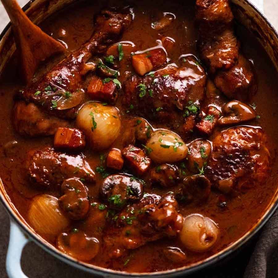 Authentic Coq au Vin with Bacon & Mushrooms