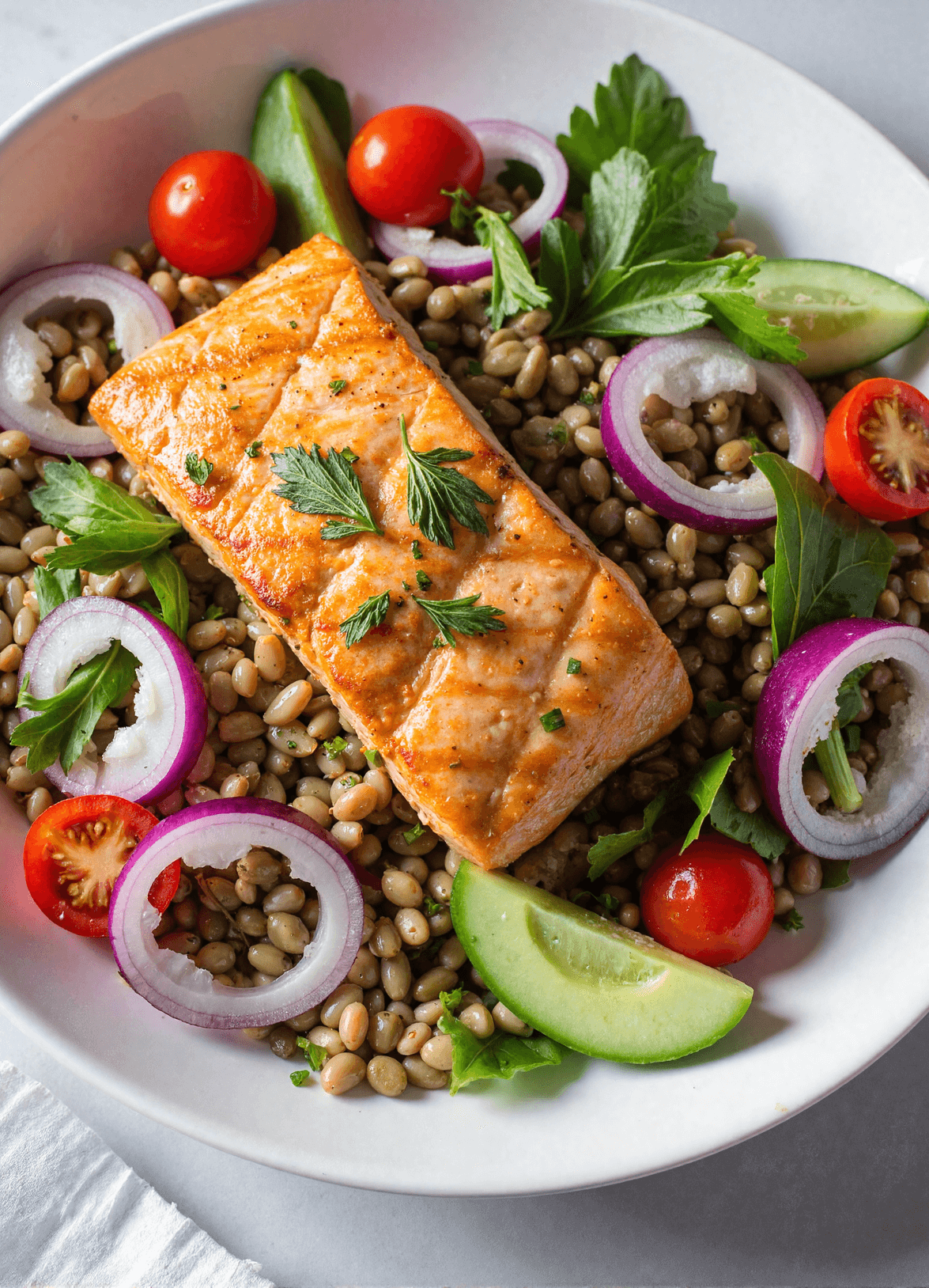 Crispy Lemon-Dill Lentil Salmon Salad