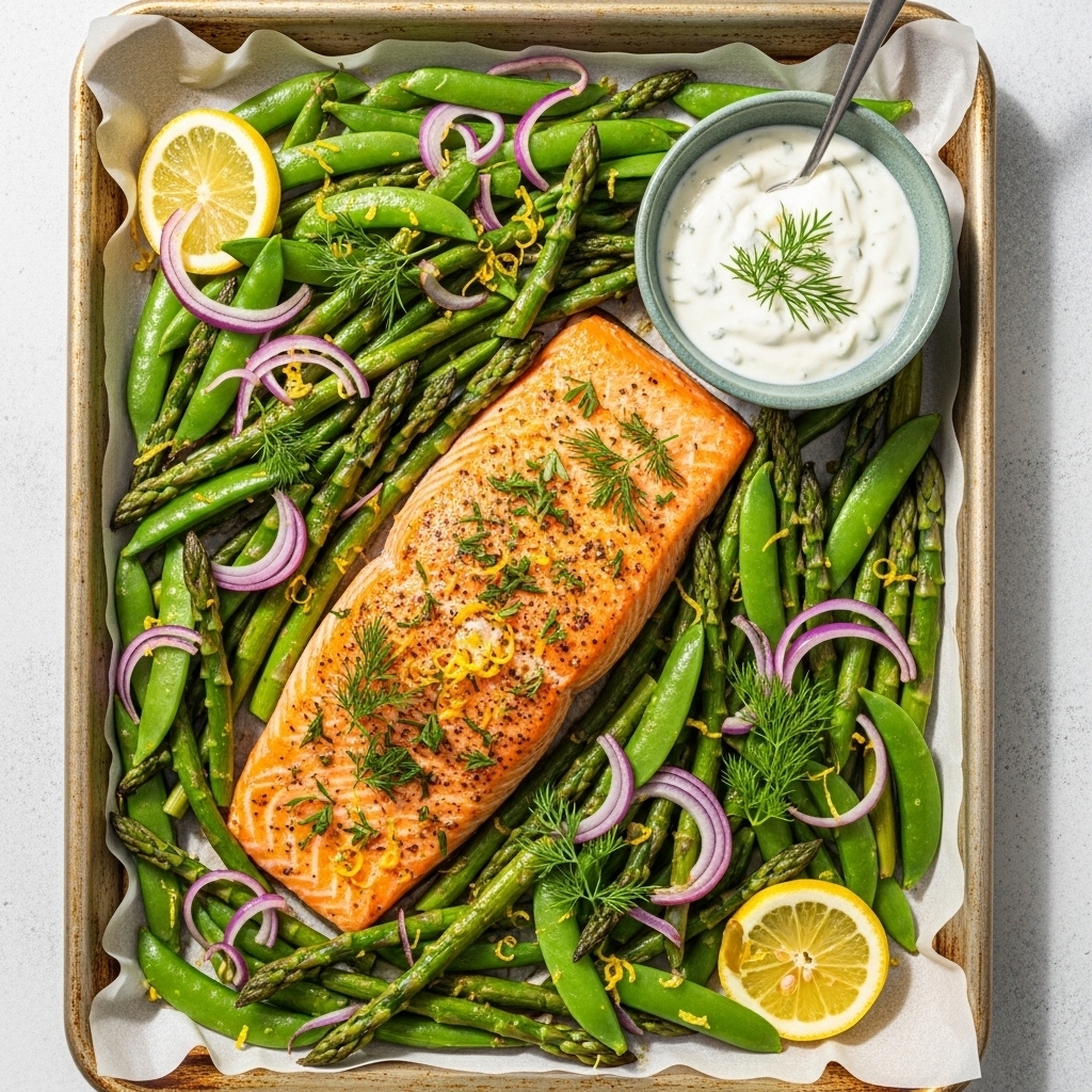 Spring Vegetable Sheet Pan Salmon with Lemon-Dill