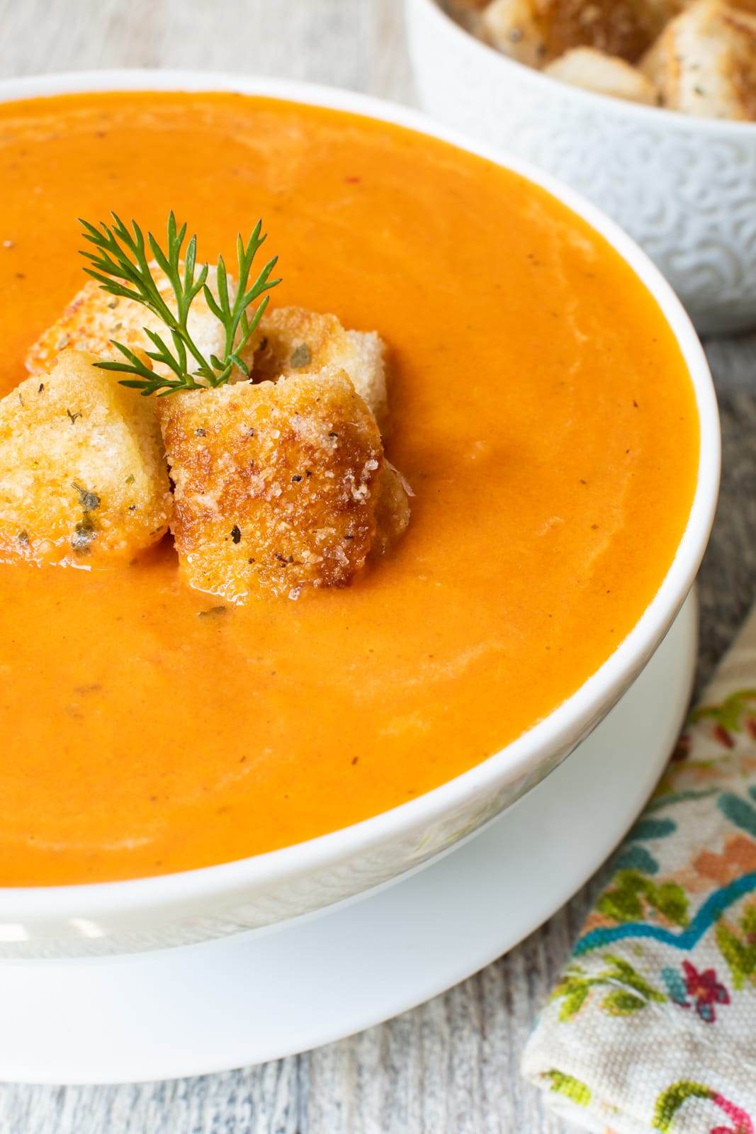 Creamy Tomato & Corn Soup with Herb Croutons