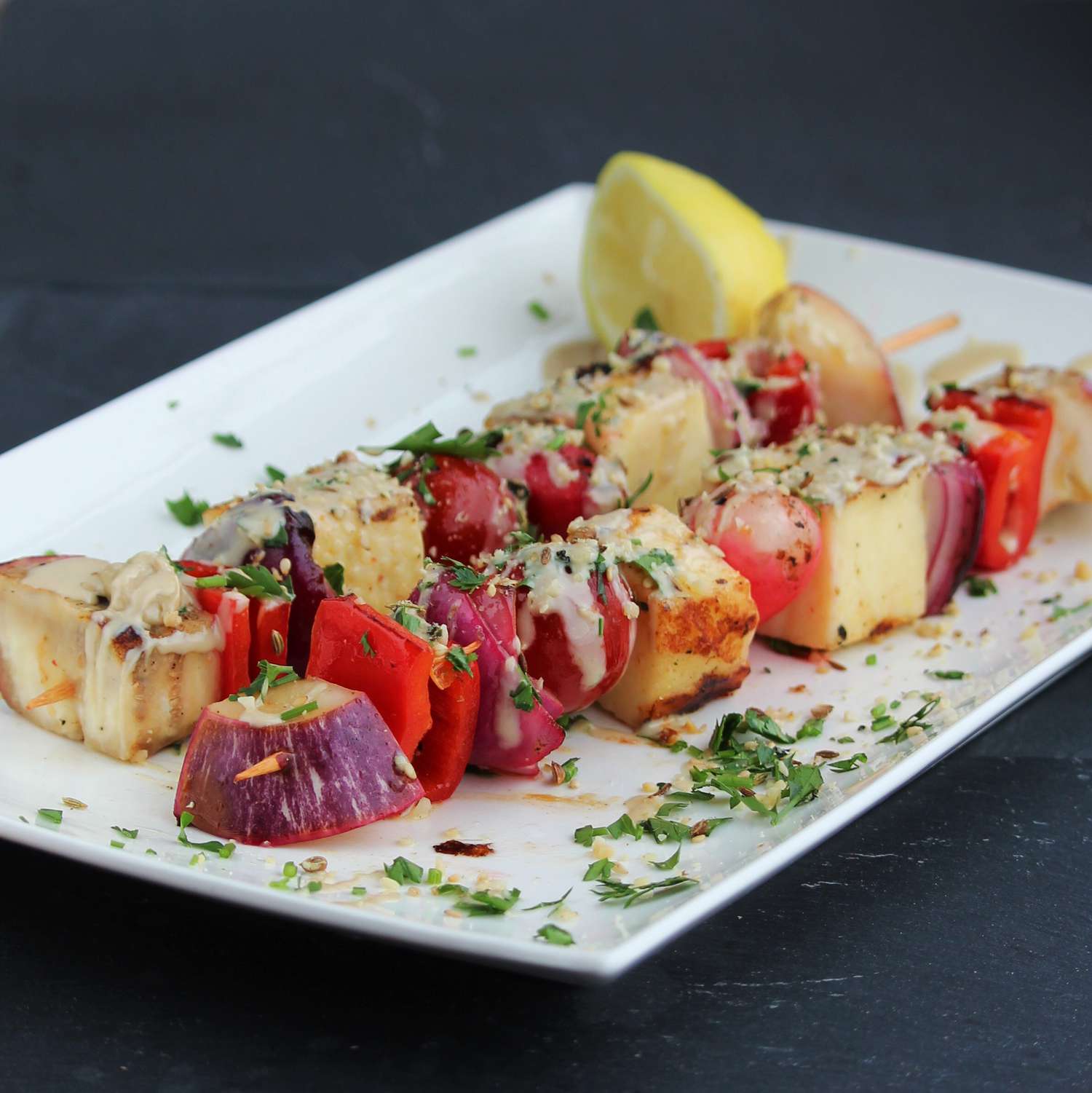 Smoky Eggplant & Halloumi Skewers with Sumac