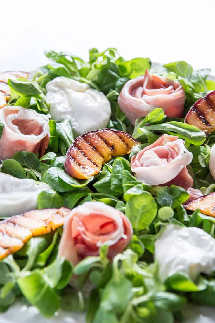 Burrata Peach & Prosciutto Salad with Honey-Lemon Vinaigrette