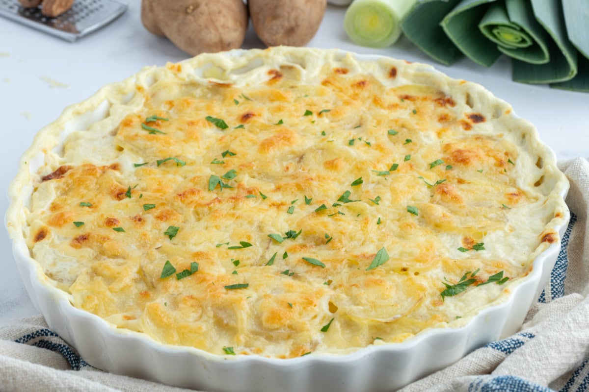 Leek and Smoked Potato Gratin with Gruyère