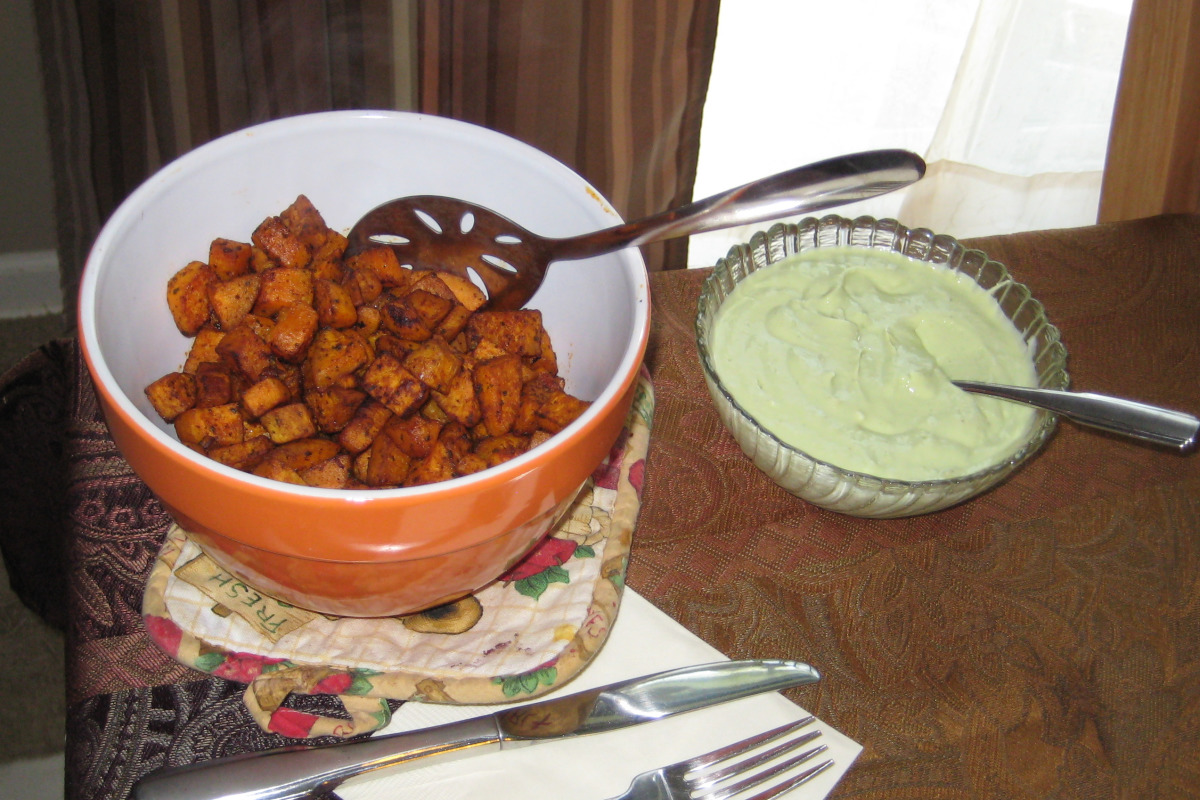 Jerk-Rubbed Sweet Potato Fries with Avocado Crema