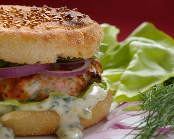 Dill-Yogurt Salmon Burgers with Cucumber Salad