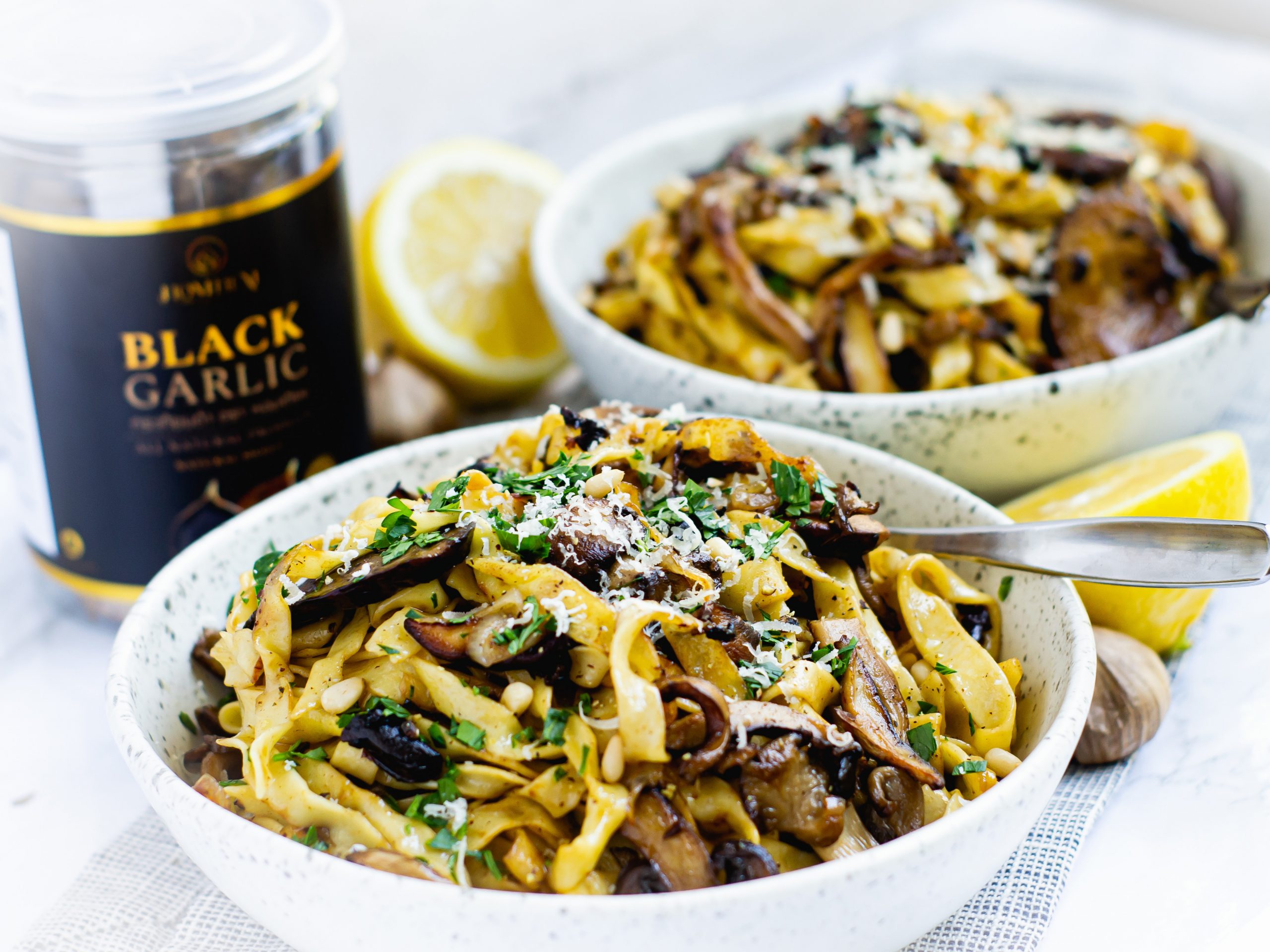 Nebula Pasta with Black Garlic & Blue Spirulina Emulsion