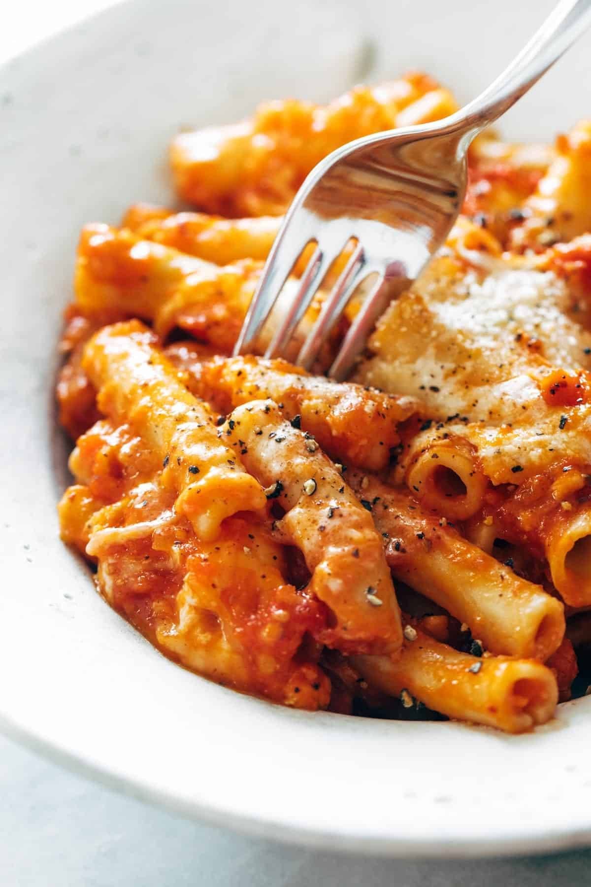 Three-Cheese Baked Ziti with Spinach and Tomato Sauce