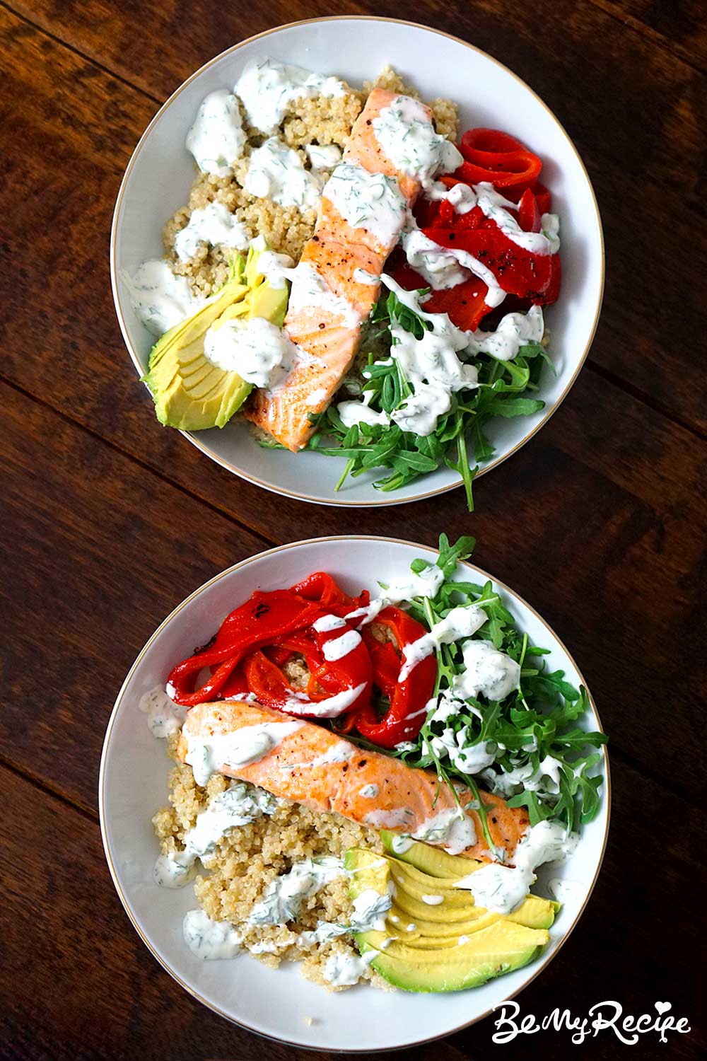 Mediterranean Quinoa Salmon Bowls with Lemon-Dill Dressing