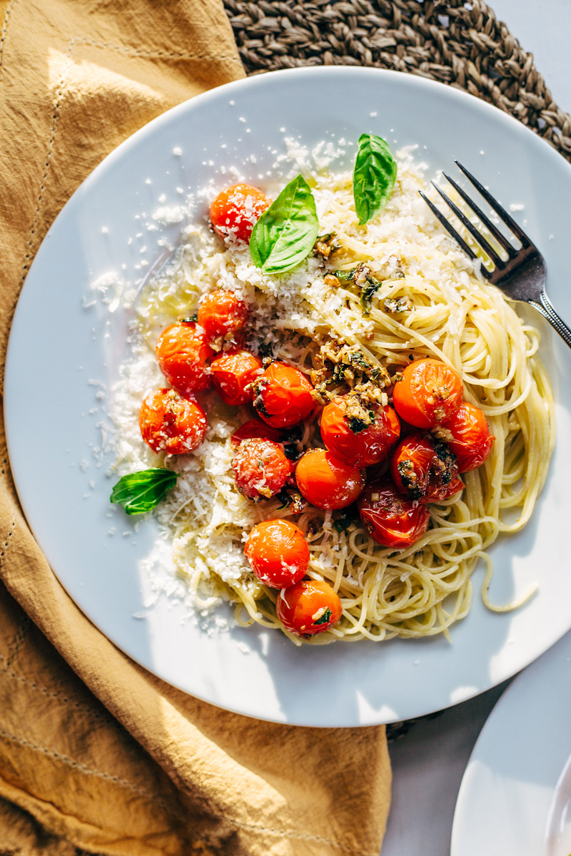 Sun-Ripened Tomato Basil Pasta with Parmesan Crisps