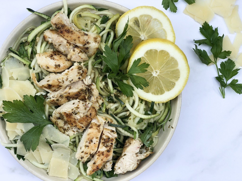 Crispy Lemon-Garlic Chicken with Zucchini Noodles