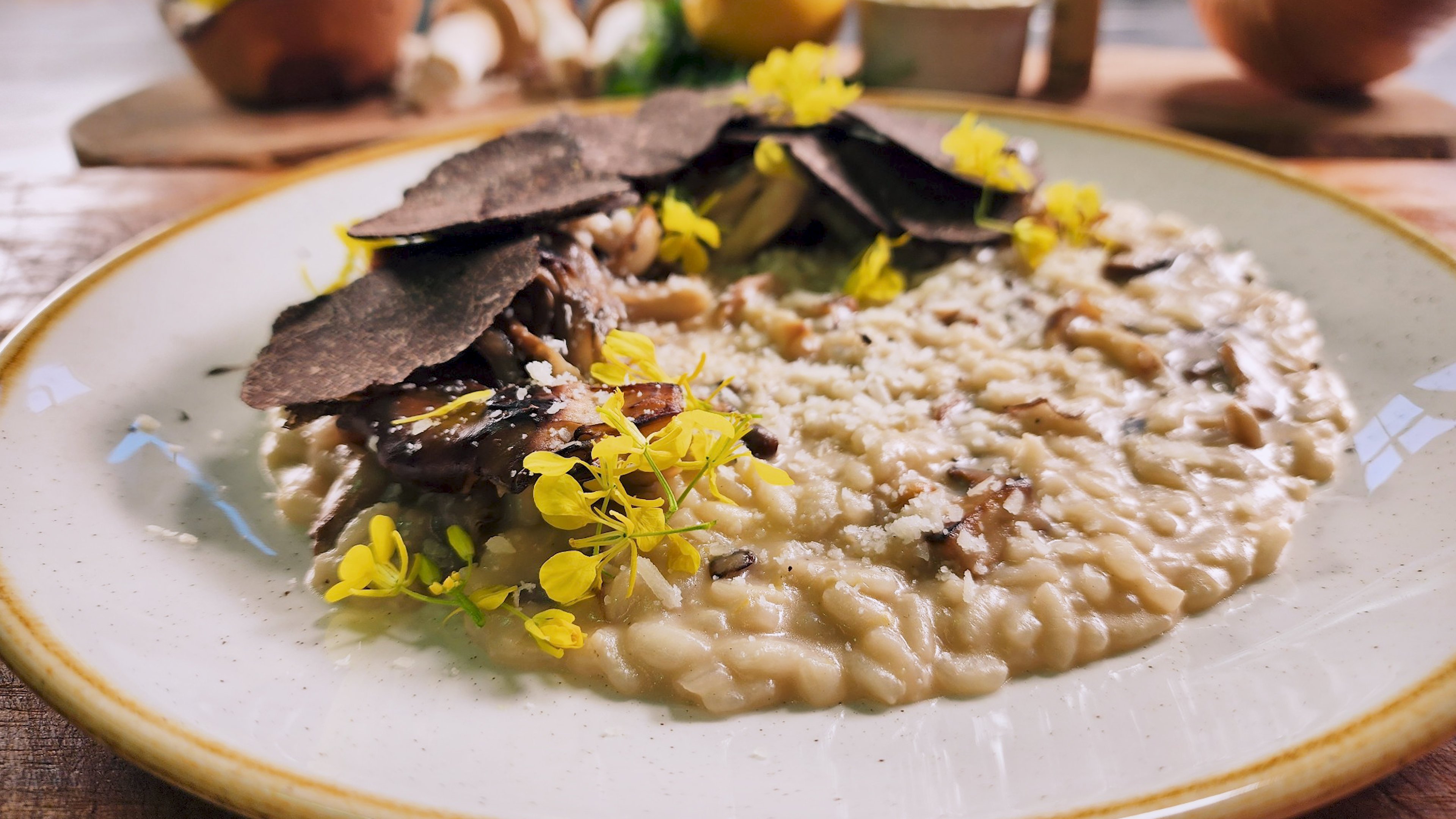 Sake-Infused Mushroom Risotto with Truffle Oil