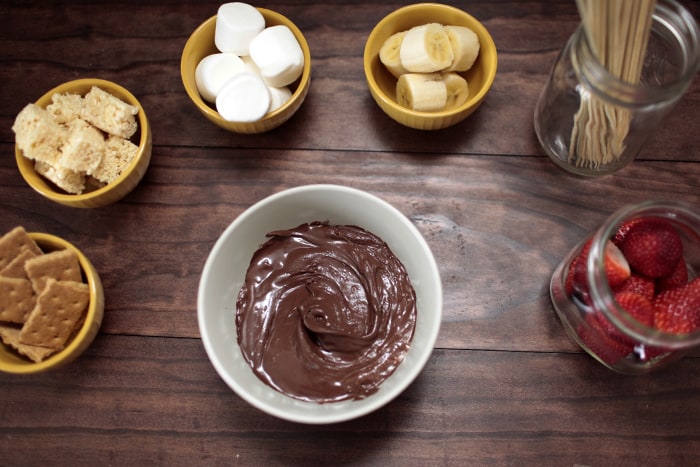 Chocolate Fondue with Banana Stuffed Marshmallows