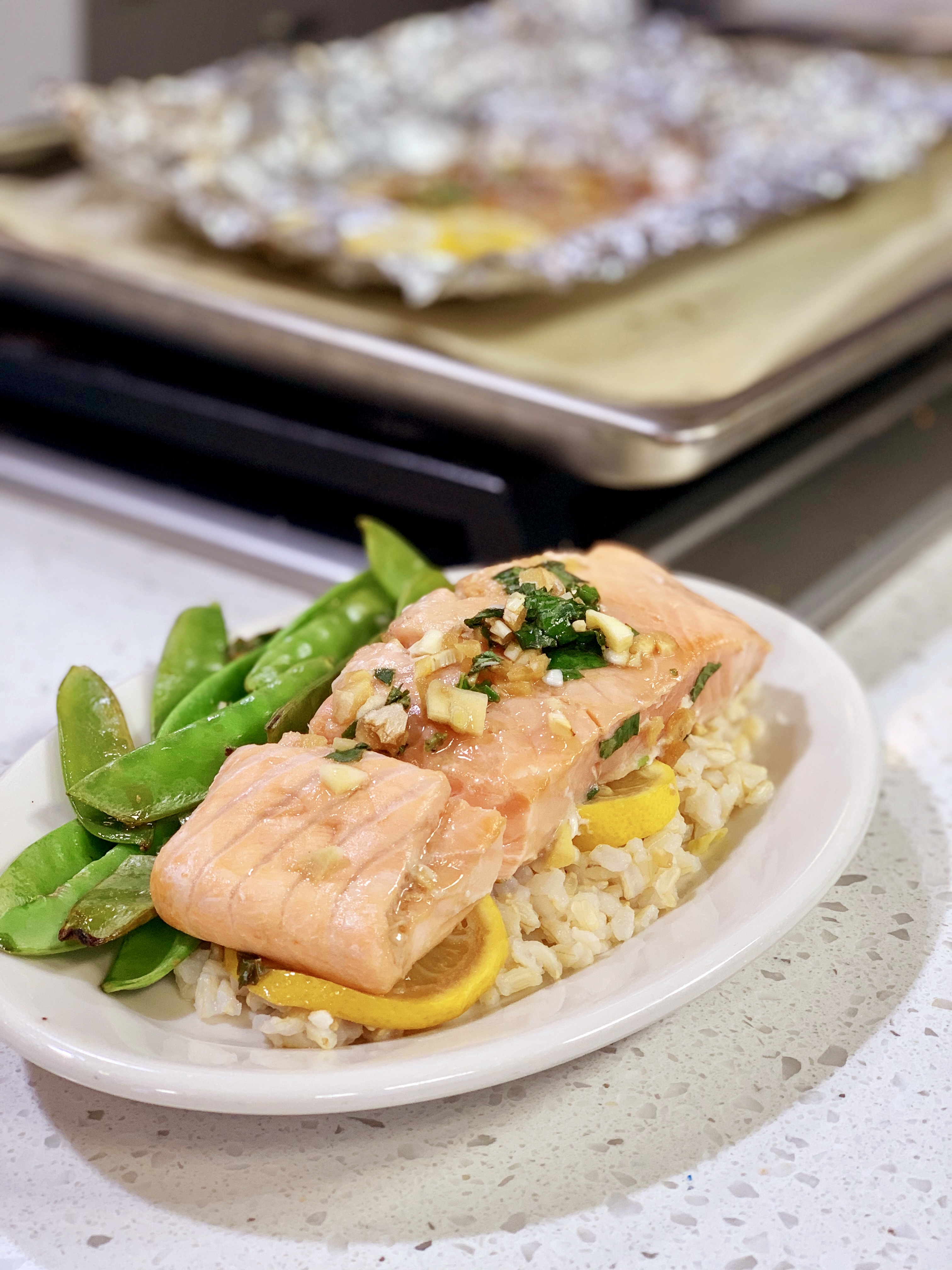 Miso-Caramel Glazed Salmon with Gingered Snap Peas