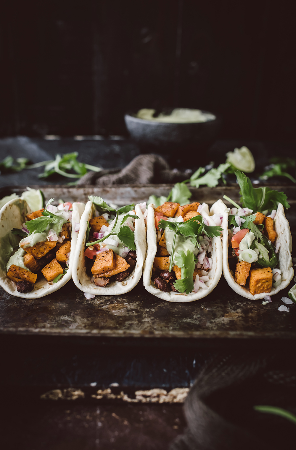 Miso-Glazed Sweet Potato Tacos with Avocado Crema
