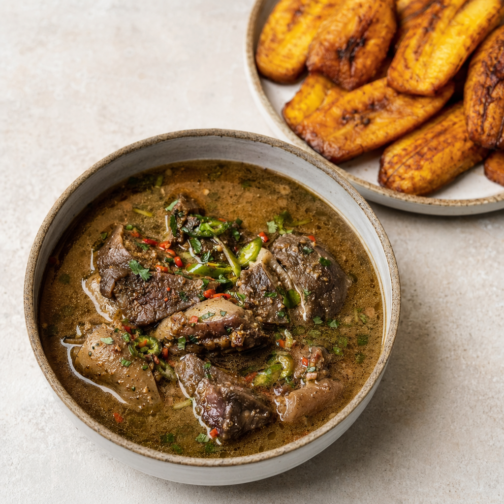 Spicy Pepper Soup with Fried Plantains
