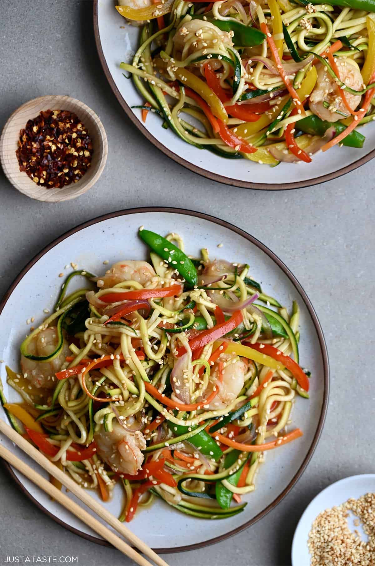 Zucchini Noodle Stir-Fry with Shrimp and Pumpkin Seeds