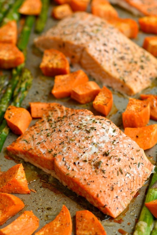 Lemon-Dill Salmon with Roasted Asparagus & Sweet Potato