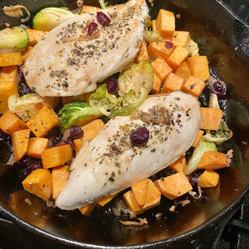 Herb-Rubbed Chicken with Roasted Sweet Potatoes and Brussels Sprouts