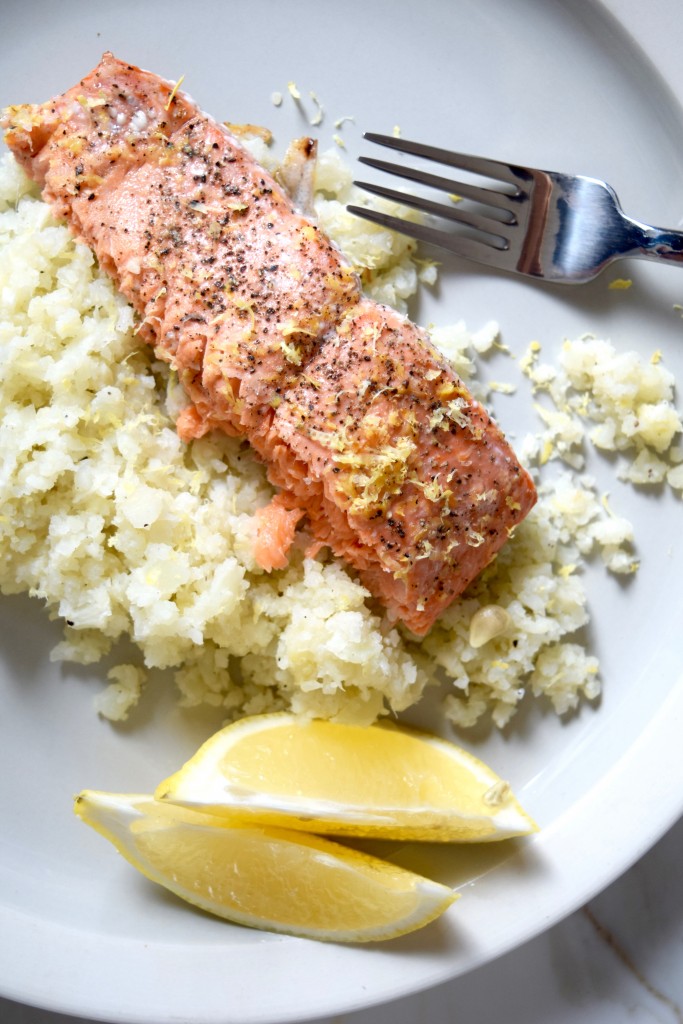 Crispy Lemon-Garlic Salmon with Cauliflower Rice