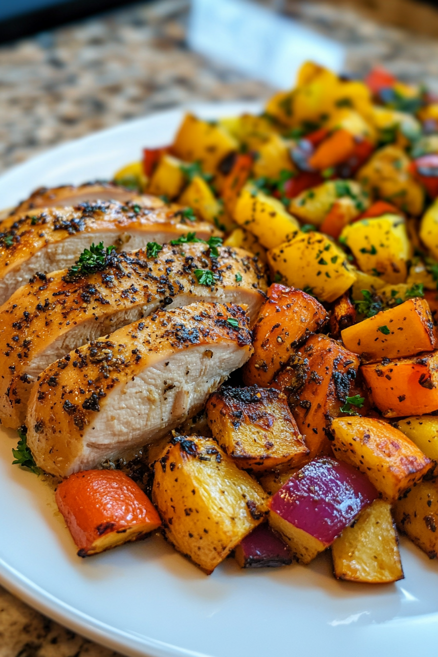 Herb-Crusted Baked Chicken with Roasted Rainbow Vegetables