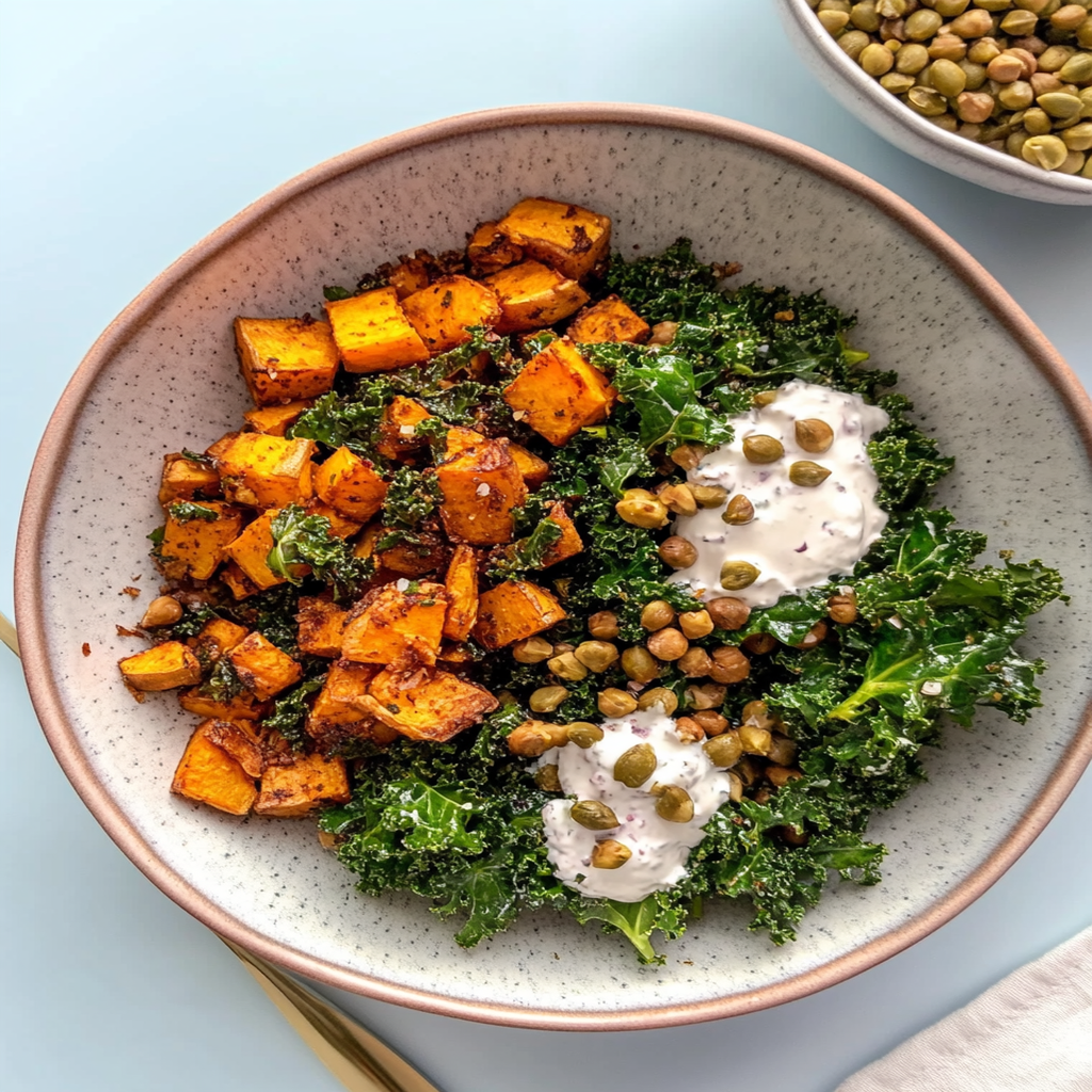 Cinnamon-Spiced Roasted Sweet Potato & Kale Bowl