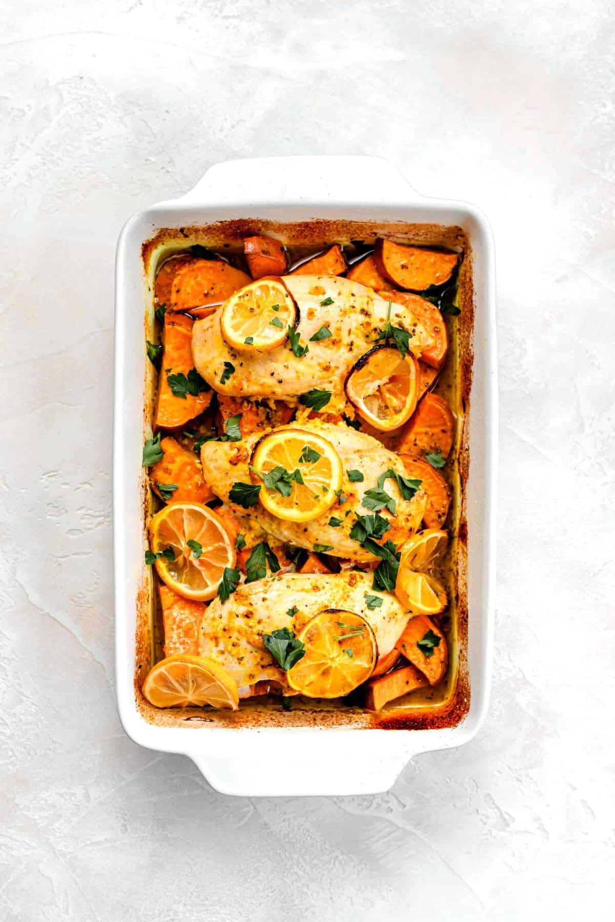 Lemon-Garlic Chicken with Roasted Sweet Potatoes