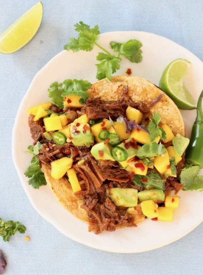 Crispy Smoky Jackfruit 'Pulled Pork' Tacos with Mango Salsa