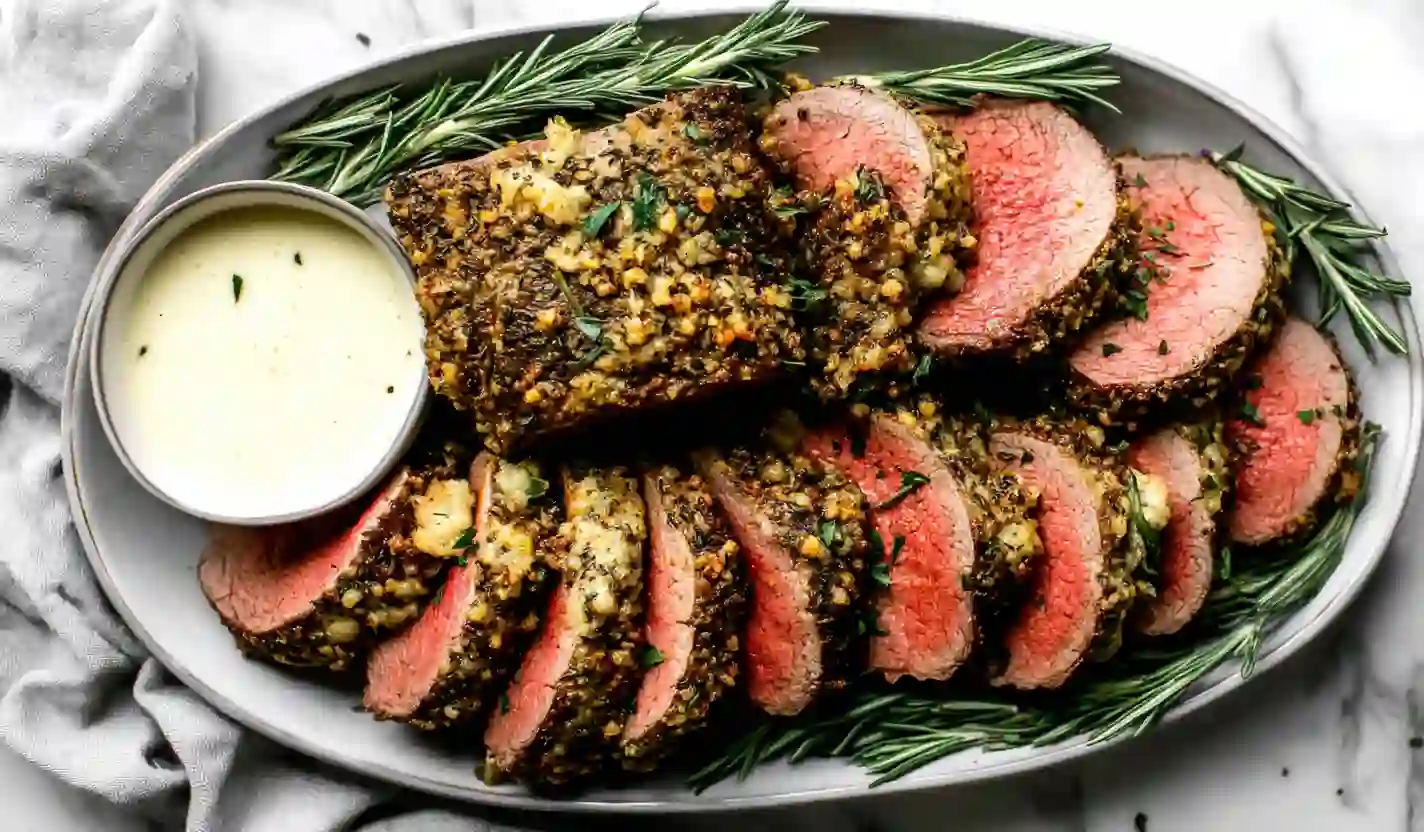 Herb-Crusted Beef Tenderloin with Roasted Garlic