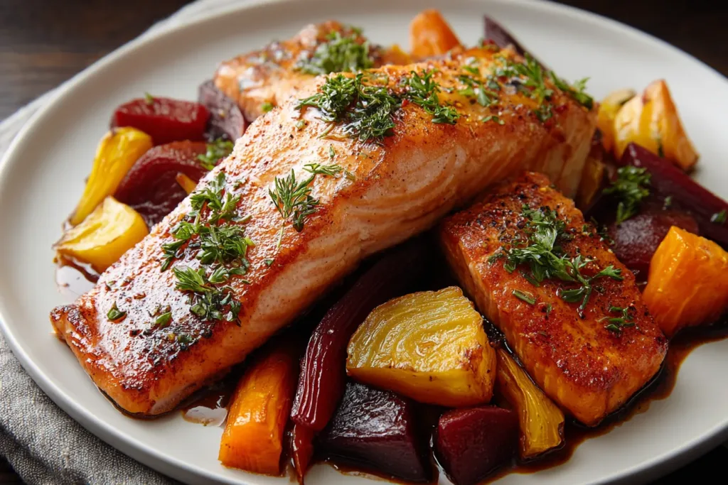 Maple-Glazed Halibut with Roasted Root Vegetables
