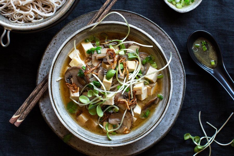 Japanese Tofu and Edamame Soba Noodles with Miso Broth