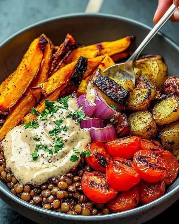 Harvest Lentil & Roasted Veggie Bowl with Lemon-Tahini Dressing
