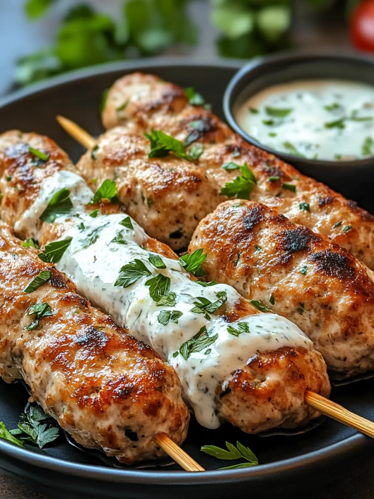 Pomegranate-Glazed Chicken Kofta Skewers with Lemon-Dill Yogurt
