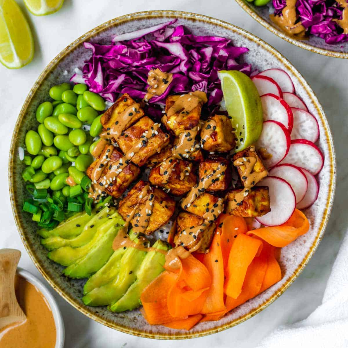 Sesame-Ginger Tofu Buddha Bowls with Crispy Edamame