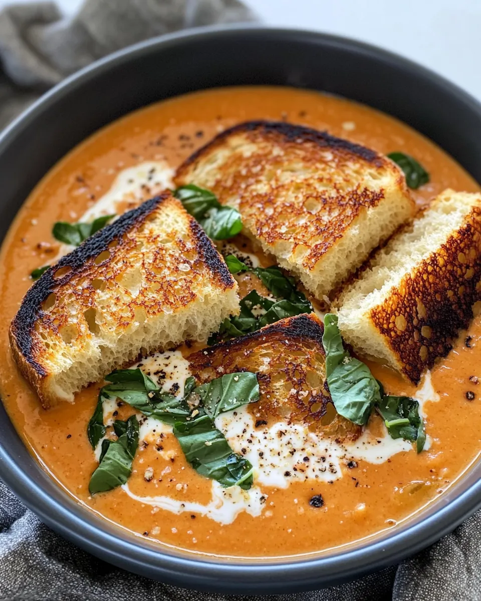 One-Pot Creamy Tomato Basil Soup with Baked Cheese Croutons