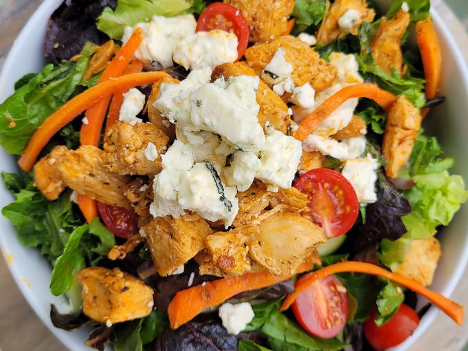American Buffalo Chicken Salad with Asian Slaw and Mediterranean Olives