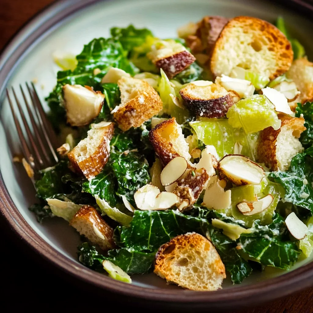 Creamy Lemon-Garlic Kale Caesar Salad with Toasted Almonds