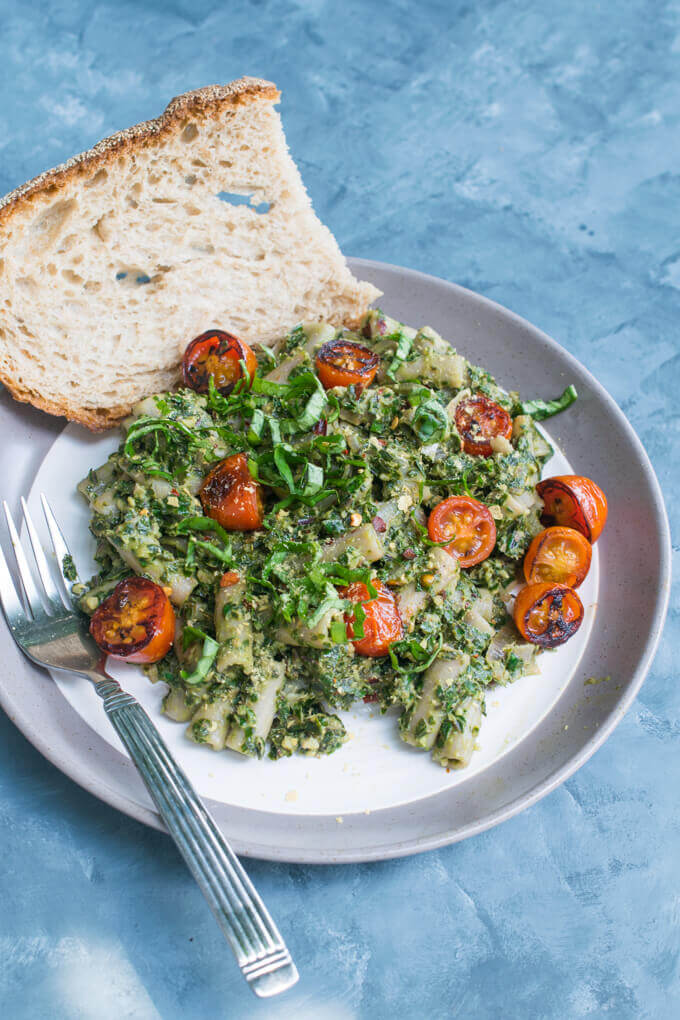 Kale Pesto Pasta with Cherry Tomatoes and Lemon Zest